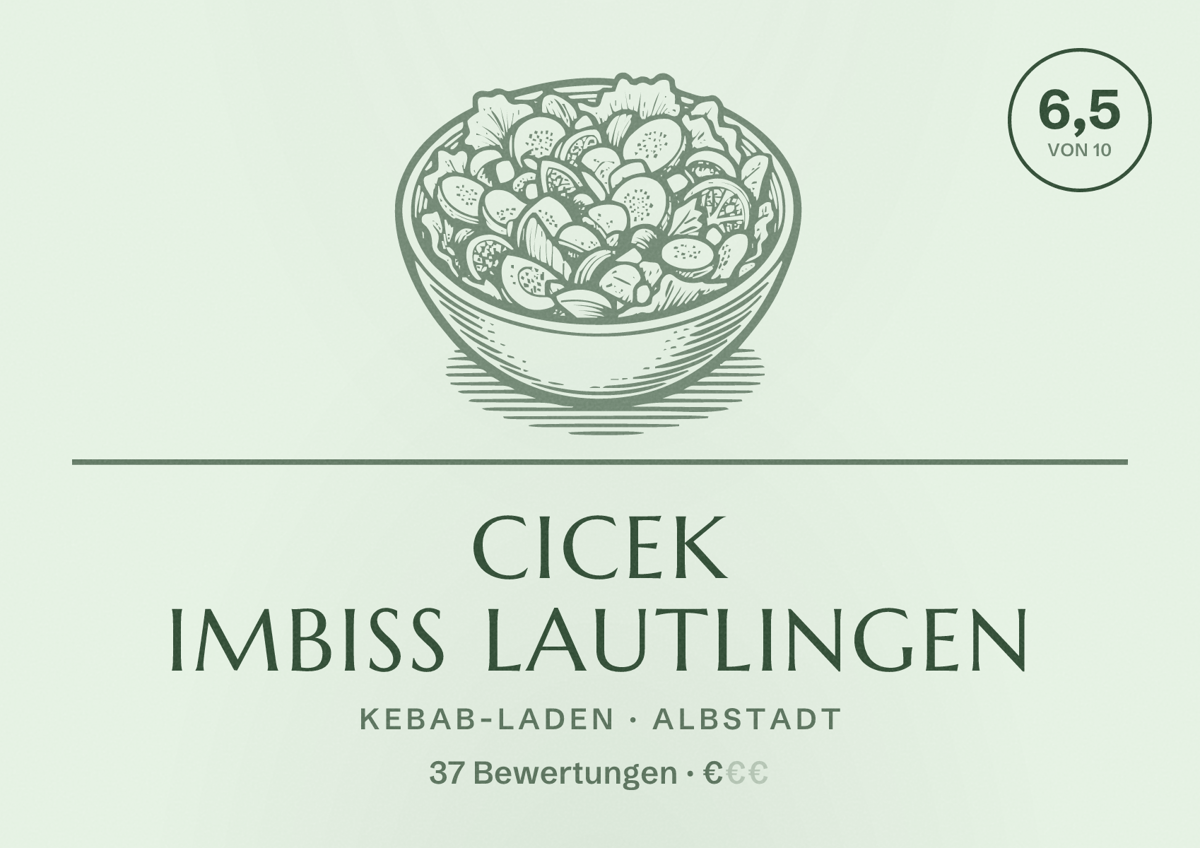 Illustriertes Poster von Cicek Imbiss Lautlingen, Kebab-Laden in Albstadt: Bewertung 6,5 von 10 aus 37 Bewertungen, Preisniveau €