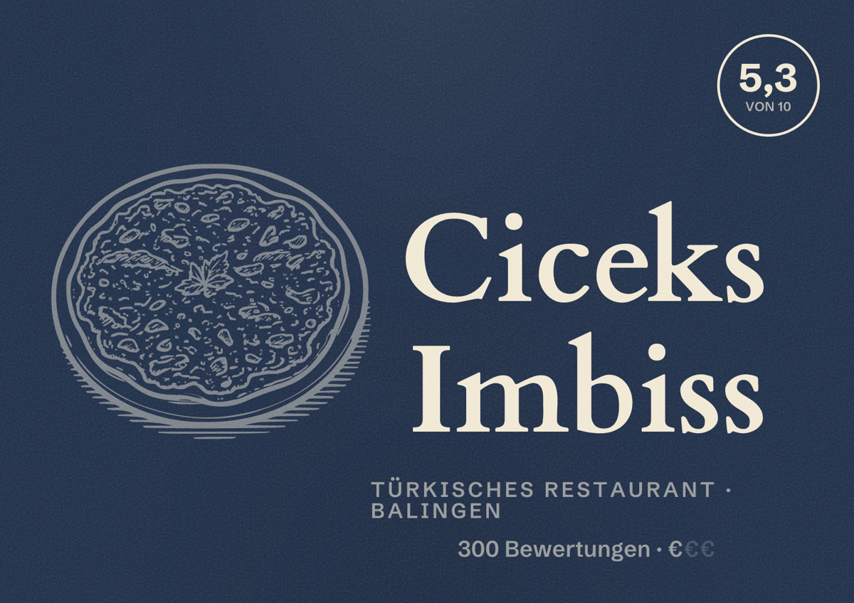 Illustriertes Poster von Ciceks Imbiss, Türkisches Restaurant in Balingen: Bewertung 5,3 von 10 aus 300 Bewertungen, Preisniveau €