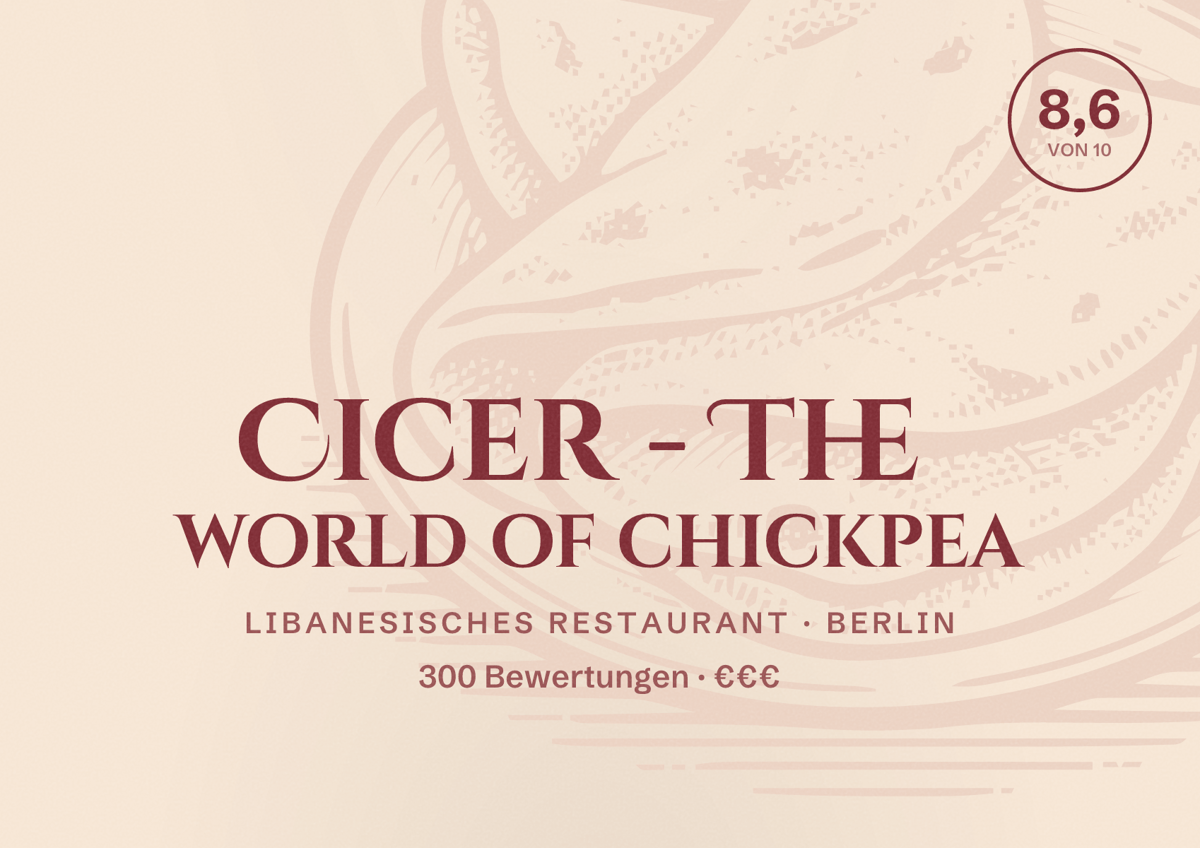 Illustriertes Poster von Cicer - The world of chickpea, Libanesisches Restaurant in Berlin: Bewertung 8,6 von 10 aus 300 Bewertungen, Preisniveau €€€