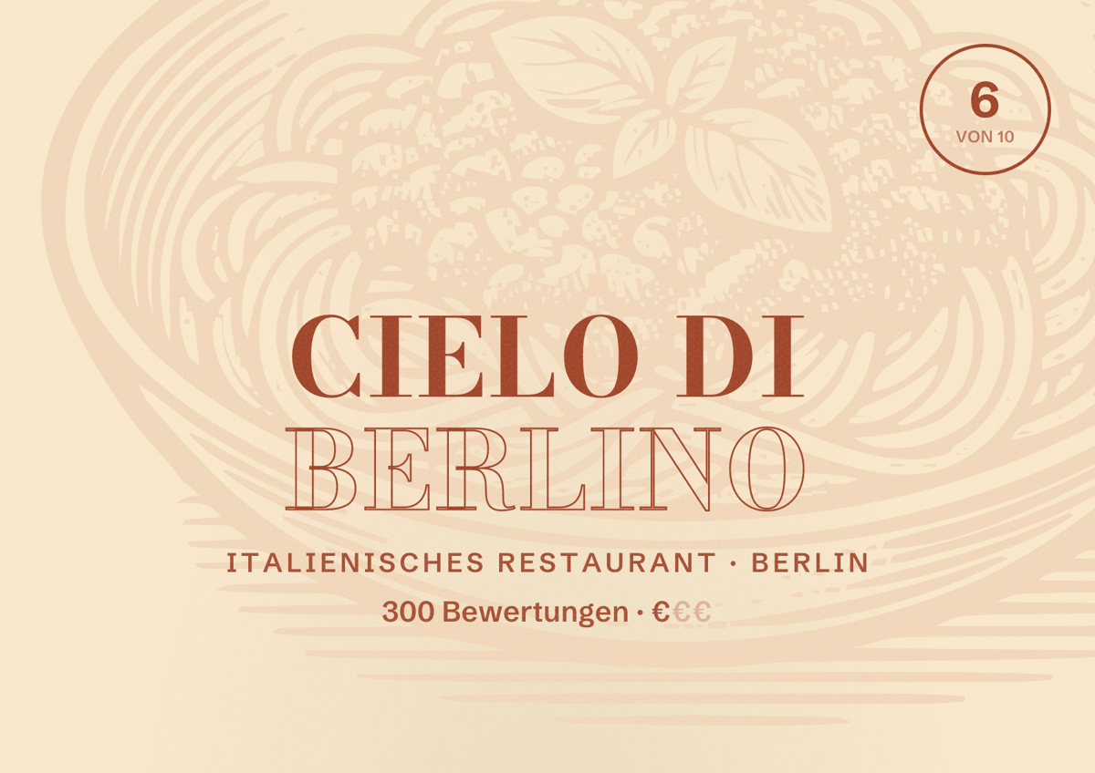 Illustriertes Poster von Cielo Di Berlino, Italienisches Restaurant in Berlin: Bewertung 6,0 von 10 aus 300 Bewertungen, Preisniveau €