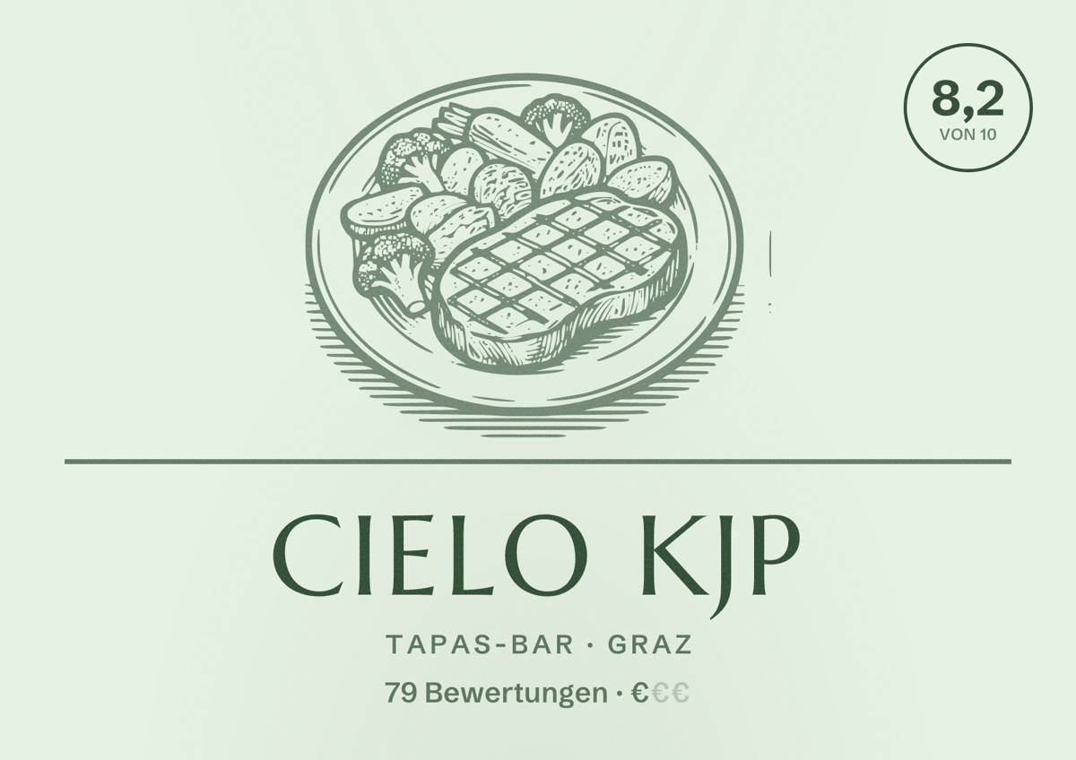 Illustriertes Poster von Cielo KJP, Tapas-Bar in Graz: Bewertung 8,2 von 10 aus 79 Bewertungen, Preisniveau €