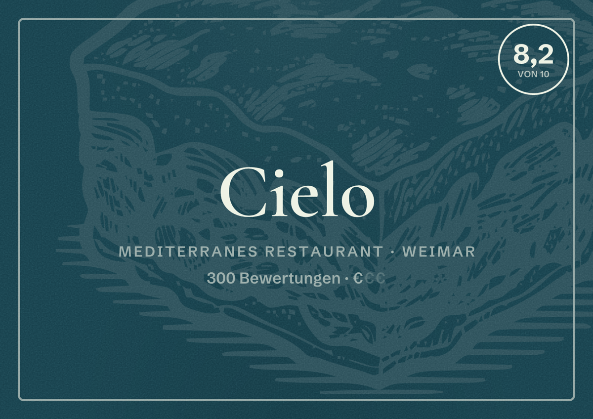 Illustriertes Poster von Cielo, Mediterranes Restaurant in Weimar: Bewertung 8,2 von 10 aus 300 Bewertungen, Preisniveau €
