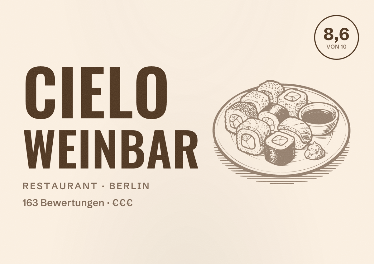 Illustriertes Poster von Cielo Weinbar, Restaurant in Berlin: Bewertung 8,6 von 10 aus 163 Bewertungen, Preisniveau €€€