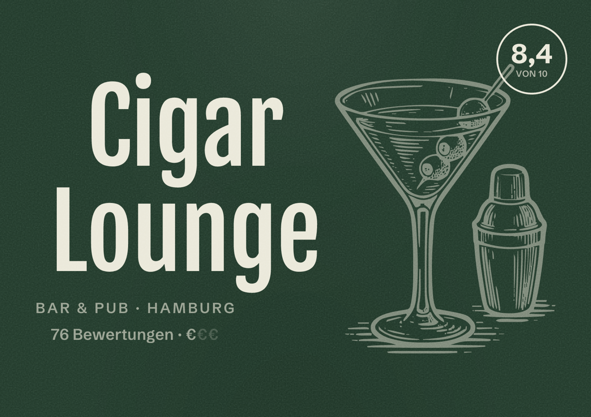 Illustriertes Poster von Cigar Lounge, Bar & Pub in Hamburg: Bewertung 8,4 von 10 aus 76 Bewertungen, Preisniveau €