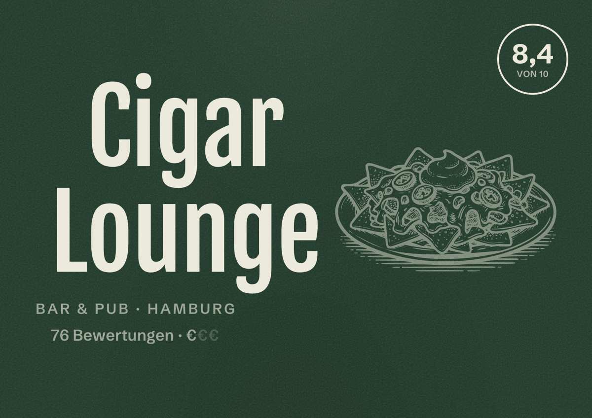 Illustriertes Poster von Cigar Lounge, Bar & Pub in Hamburg: Bewertung 8,4 von 10 aus 76 Bewertungen, Preisniveau €