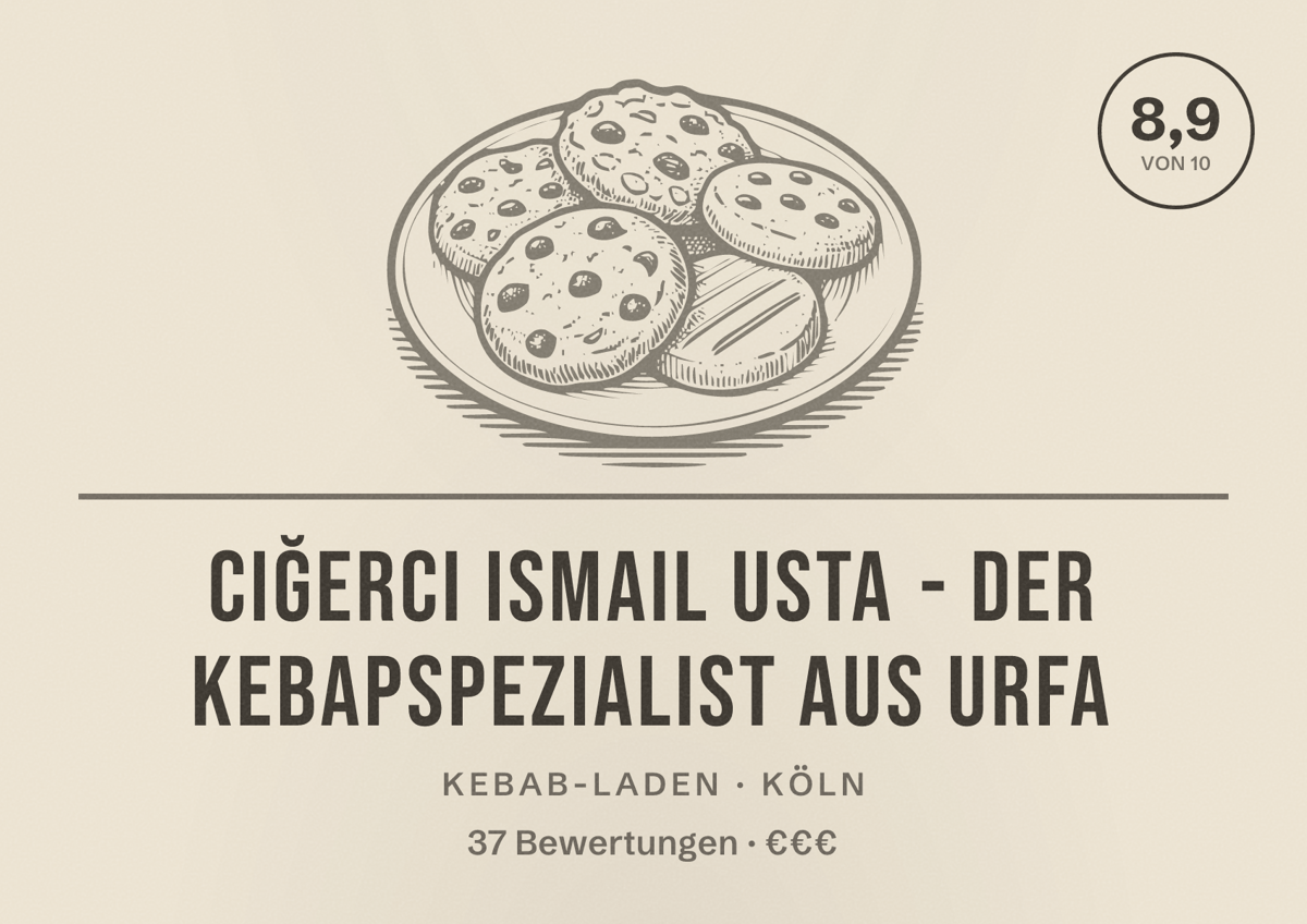 Illustriertes Poster von CIĞERCI ISMAIL USTA - Der Kebapspezialist aus Urfa, Kebab-Laden in Köln: Bewertung 8,9 von 10 aus 37 Bewertungen, Preisniveau €€€