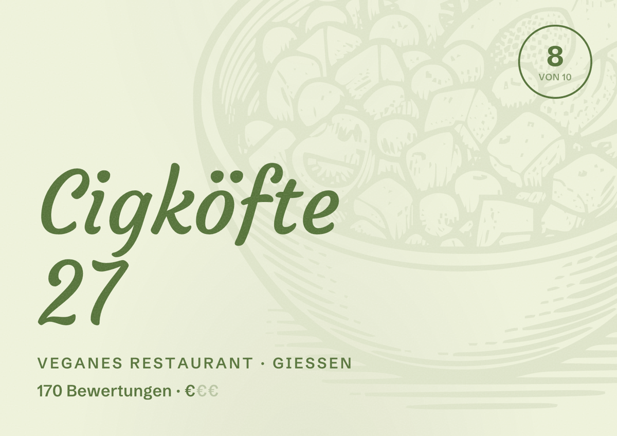 Illustriertes Poster von Cigköfte 27, Veganes Restaurant in Gießen: Bewertung 8 von 10 aus 170 Bewertungen, Preisniveau €