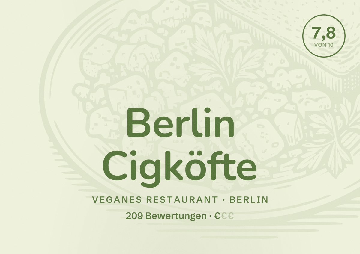Illustriertes Poster von Berlin Cigköfte, Veganes Restaurant in Berlin: Bewertung 7,8 von 10 aus 209 Bewertungen, Preisniveau €