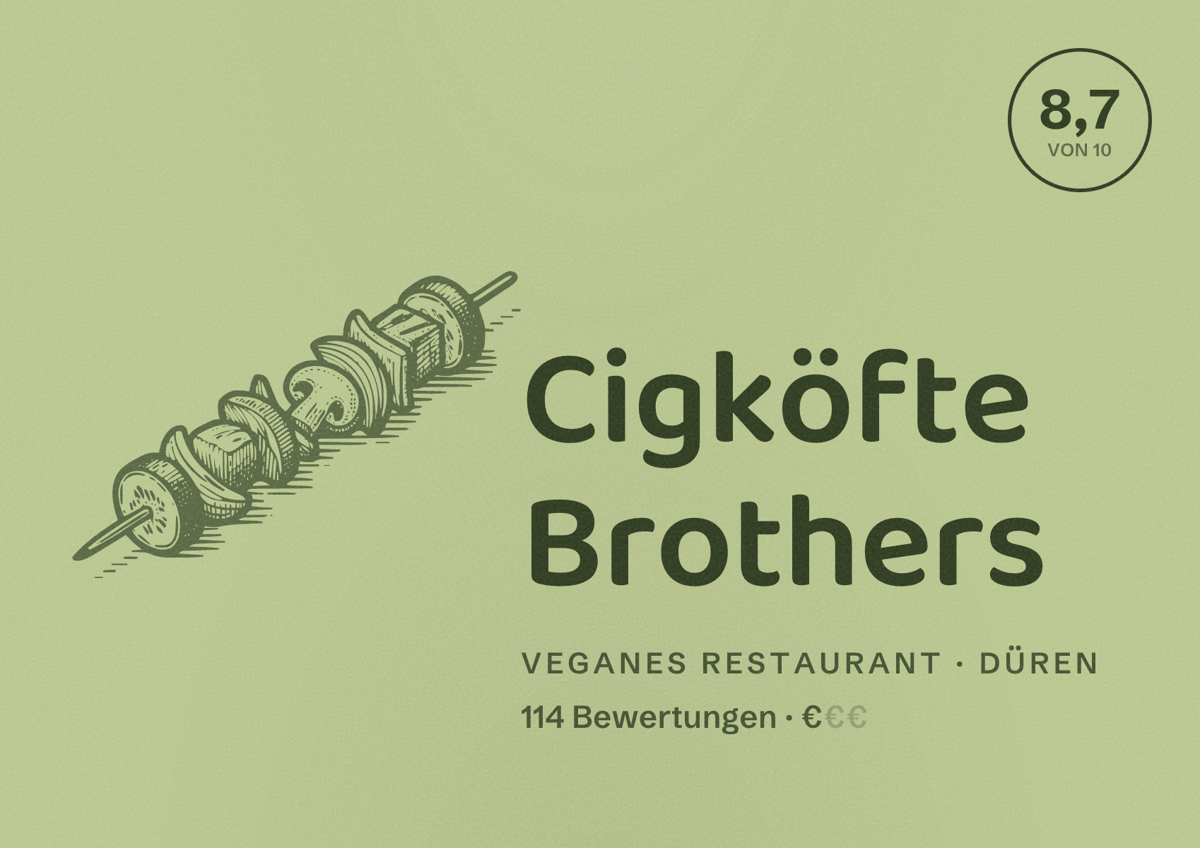 Illustriertes Poster von Cigköfte Brothers, Veganes Restaurant in Düren: Bewertung 8,7 von 10 aus 114 Bewertungen, Preisniveau €