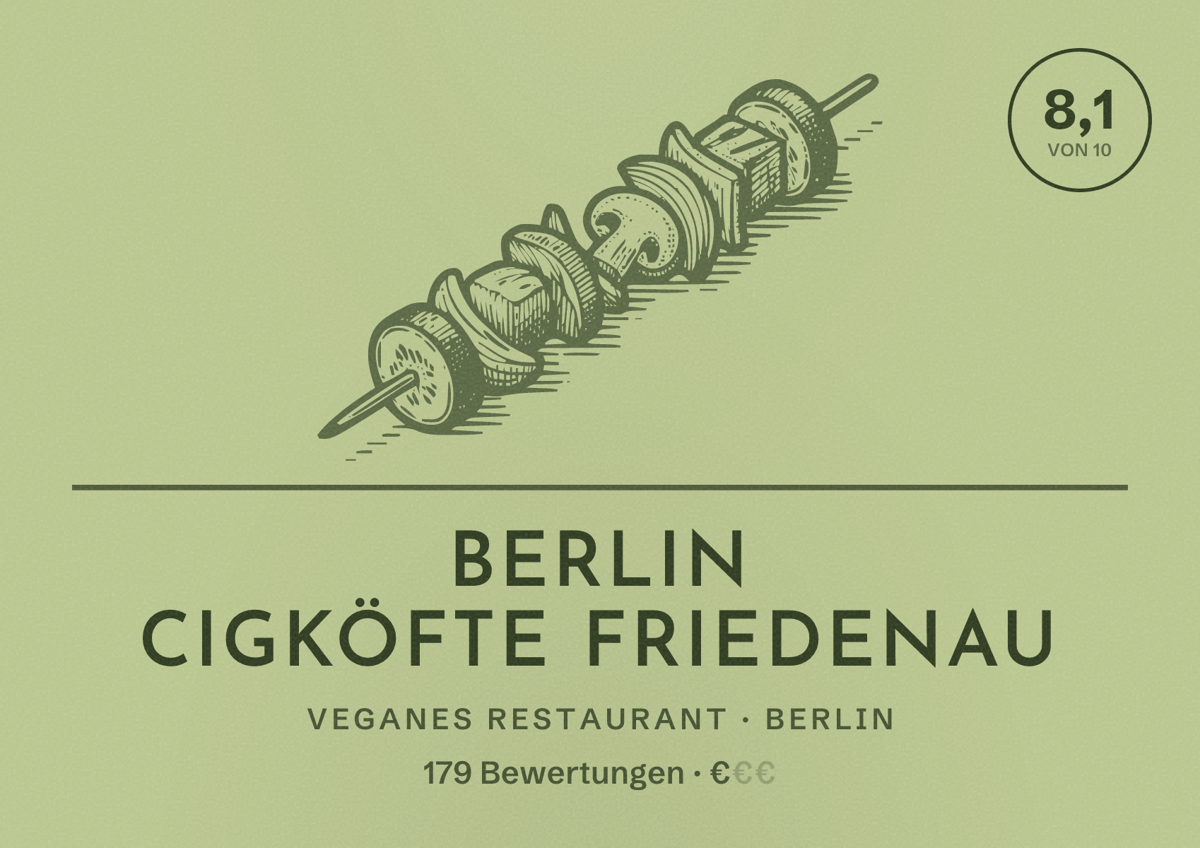 Illustriertes Poster von Berlin Cigköfte Friedenau, Veganes Restaurant in Berlin: Bewertung 8,1 von 10 aus 179 Bewertungen, Preisniveau €