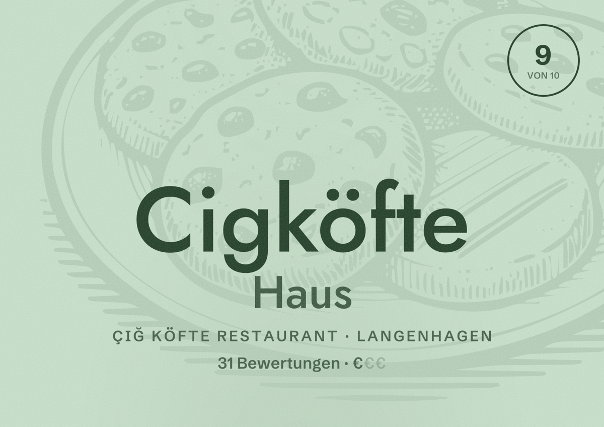 Illustriertes Poster von Cigköfte Haus, Çiğ Köfte Restaurant in Langenhagen: Bewertung 9 von 10 aus 31 Bewertungen, Preisniveau €