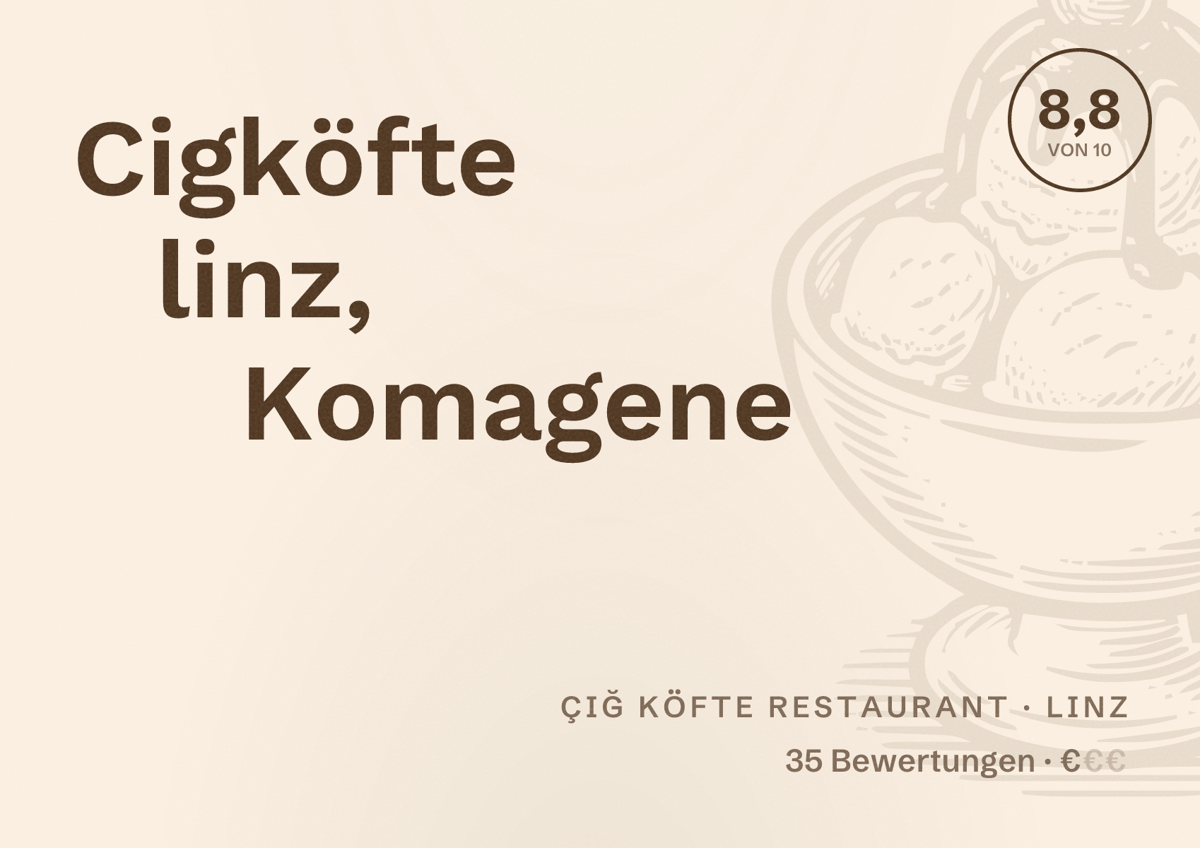 Illustriertes Poster von Cigköfte linz, Komagene, Çiğ Köfte Restaurant in Linz: Bewertung 8,8 von 10 aus 35 Bewertungen, Preisniveau €