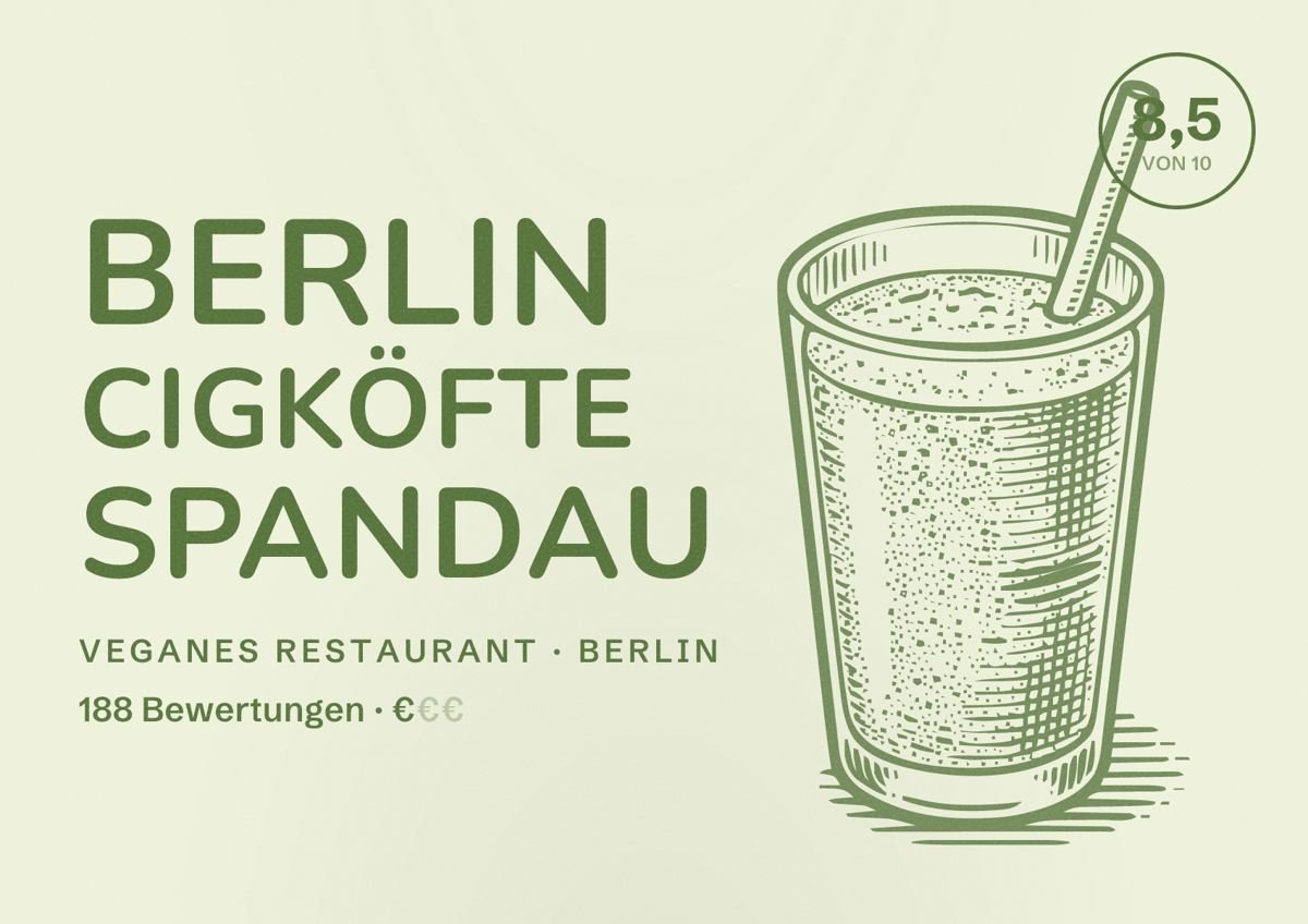 Illustriertes Poster von Berlin Cigköfte Spandau, Veganes Restaurant in Berlin: Bewertung 8,5 von 10 aus 188 Bewertungen, Preisniveau €