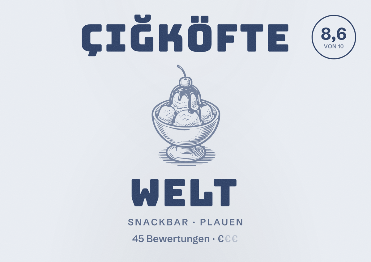Illustriertes Poster von Çiğköfte Welt, Snackbar in Plauen: Bewertung 8,6 von 10 aus 45 Bewertungen, Preisniveau €