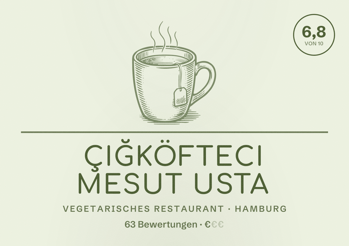 Illustriertes Poster von Çiğköfteci Mesut Usta, Vegetarisches Restaurant in Hamburg: Bewertung 6,8 von 10 aus 63 Bewertungen, Preisniveau €