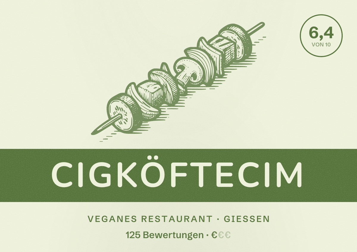 Illustriertes Poster von CigköfteCIM, Veganes Restaurant in Gießen: Bewertung 6,4 von 10 aus 125 Bewertungen, Preisniveau €