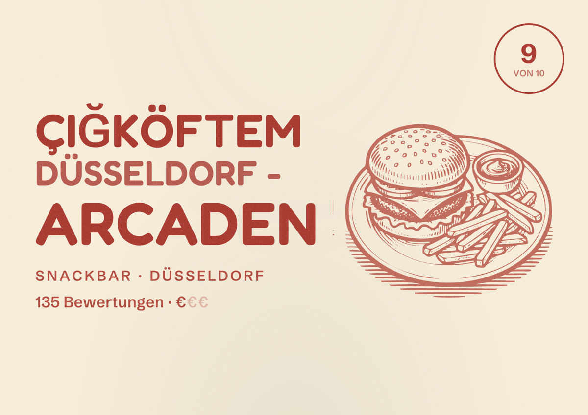 Illustriertes Poster von Çiğköftem Düsseldorf - Arcaden, Snackbar in Düsseldorf: Bewertung 9,0 von 10 aus 135 Bewertungen, Preisniveau €