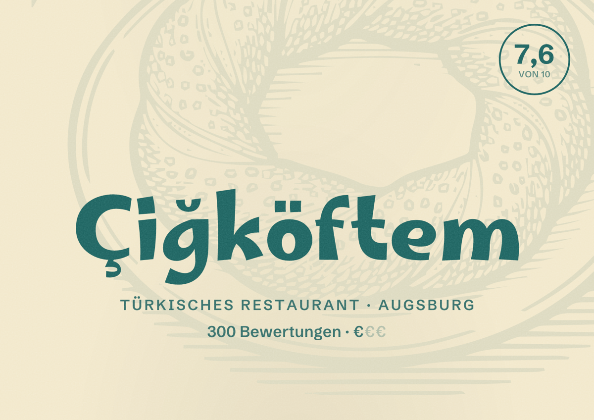 Illustriertes Poster von Çiğköftem, Türkisches Restaurant in Augsburg: Bewertung 7,6 von 10 aus 300 Bewertungen, Preisniveau €