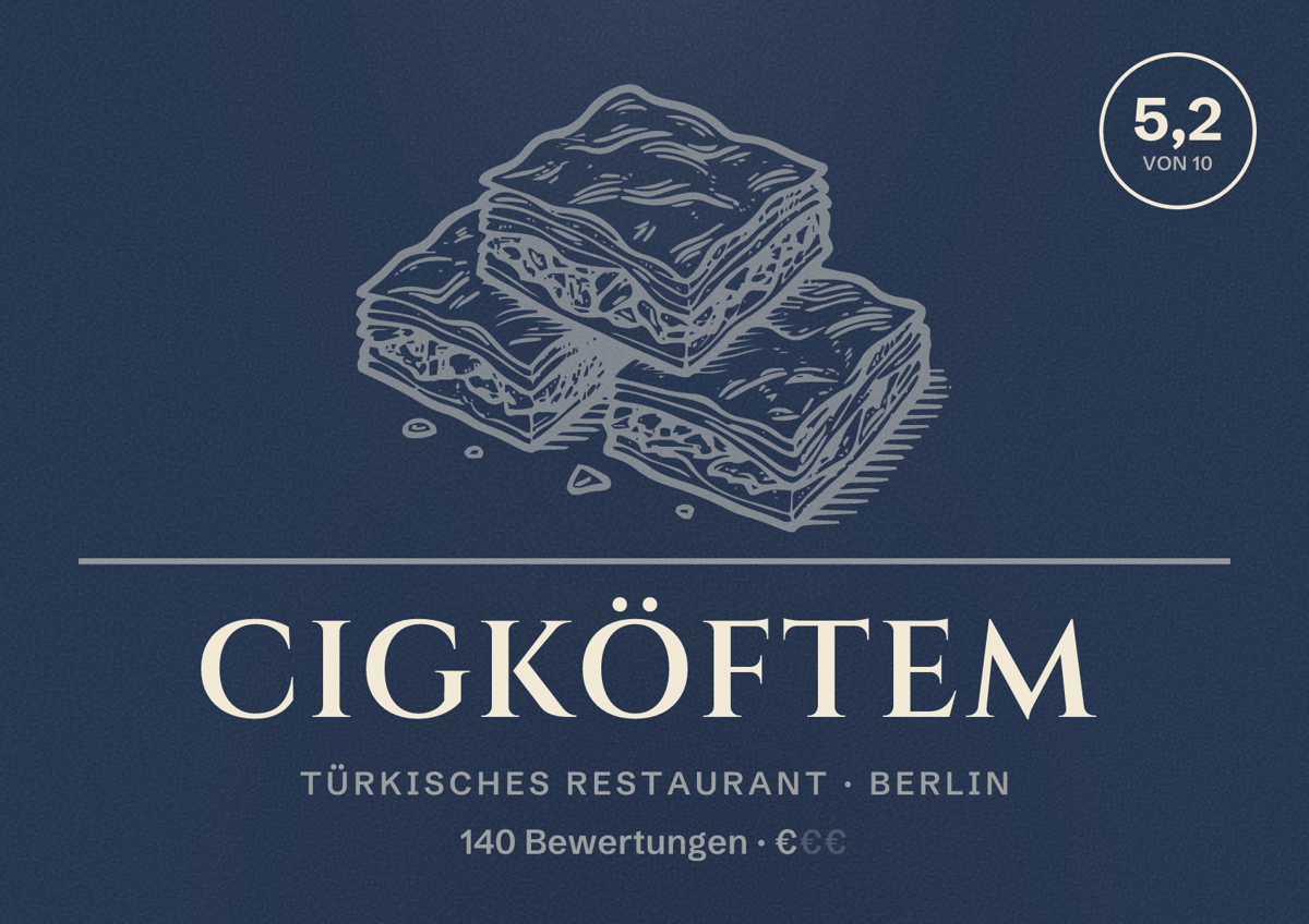 Illustriertes Poster von Cigköftem, Türkisches Restaurant in Berlin: Bewertung 5,2 von 10 aus 140 Bewertungen, Preisniveau €
