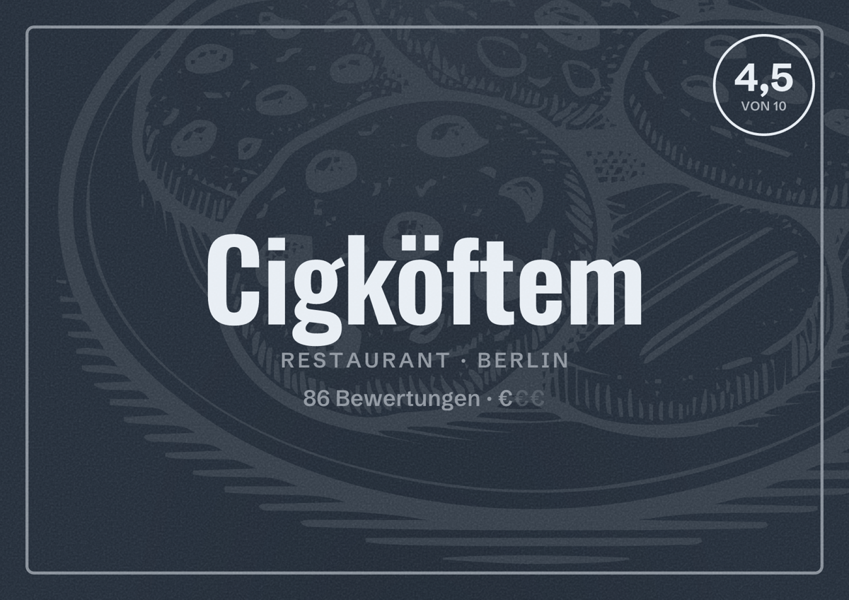 Illustriertes Poster von Cigköftem, Restaurant in Berlin: Bewertung 4,5 von 10 aus 86 Bewertungen, Preisniveau €