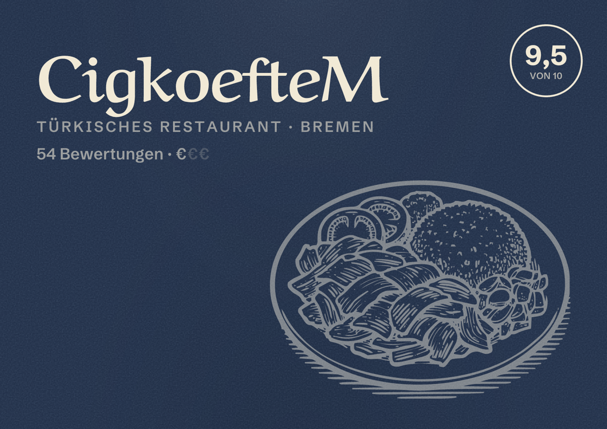 Illustriertes Poster von CigkoefteM, Türkisches Restaurant in Bremen: Bewertung 9,5 von 10 aus 54 Bewertungen, Preisniveau €