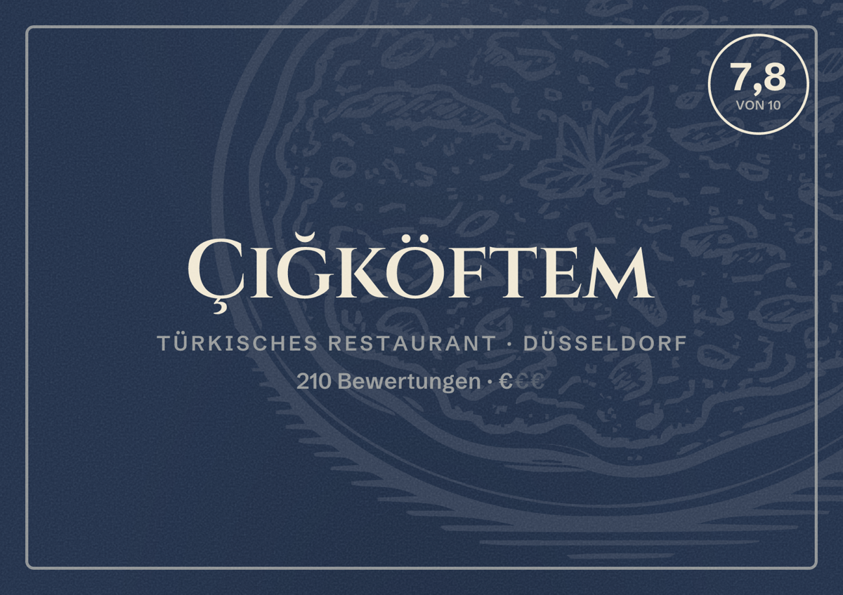 Illustriertes Poster von Çiğköftem, Türkisches Restaurant in Düsseldorf: Bewertung 7,8 von 10 aus 210 Bewertungen, Preisniveau €
