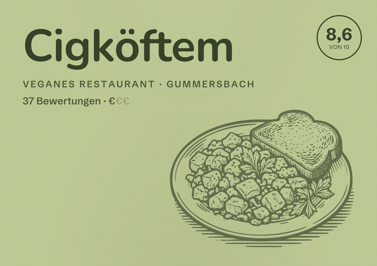 Illustriertes Poster von Cigköftem, Veganes Restaurant in Gummersbach: Bewertung 8,6 von 10 aus 37 Bewertungen, Preisniveau €