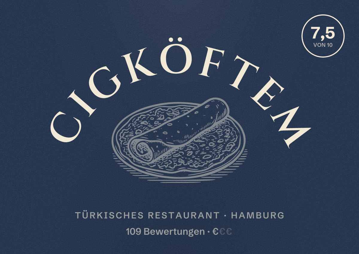 Illustriertes Poster von Cigköftem, Türkisches Restaurant in Hamburg: Bewertung 7,5 von 10 aus 109 Bewertungen, Preisniveau €