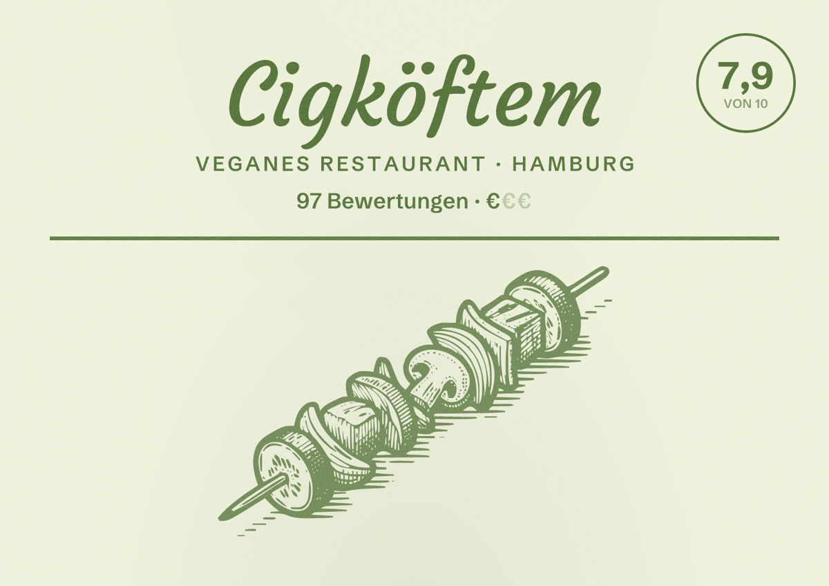 Illustriertes Poster von Cigköftem, Veganes Restaurant in Hamburg: Bewertung 7,9 von 10 aus 97 Bewertungen, Preisniveau €