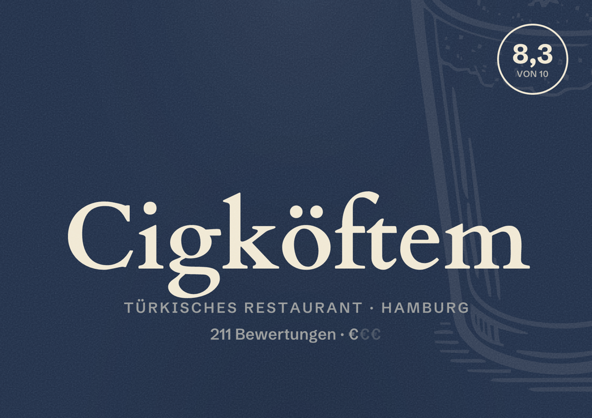 Illustriertes Poster von Cigköftem, Türkisches Restaurant in Hamburg: Bewertung 8,3 von 10 aus 211 Bewertungen, Preisniveau €