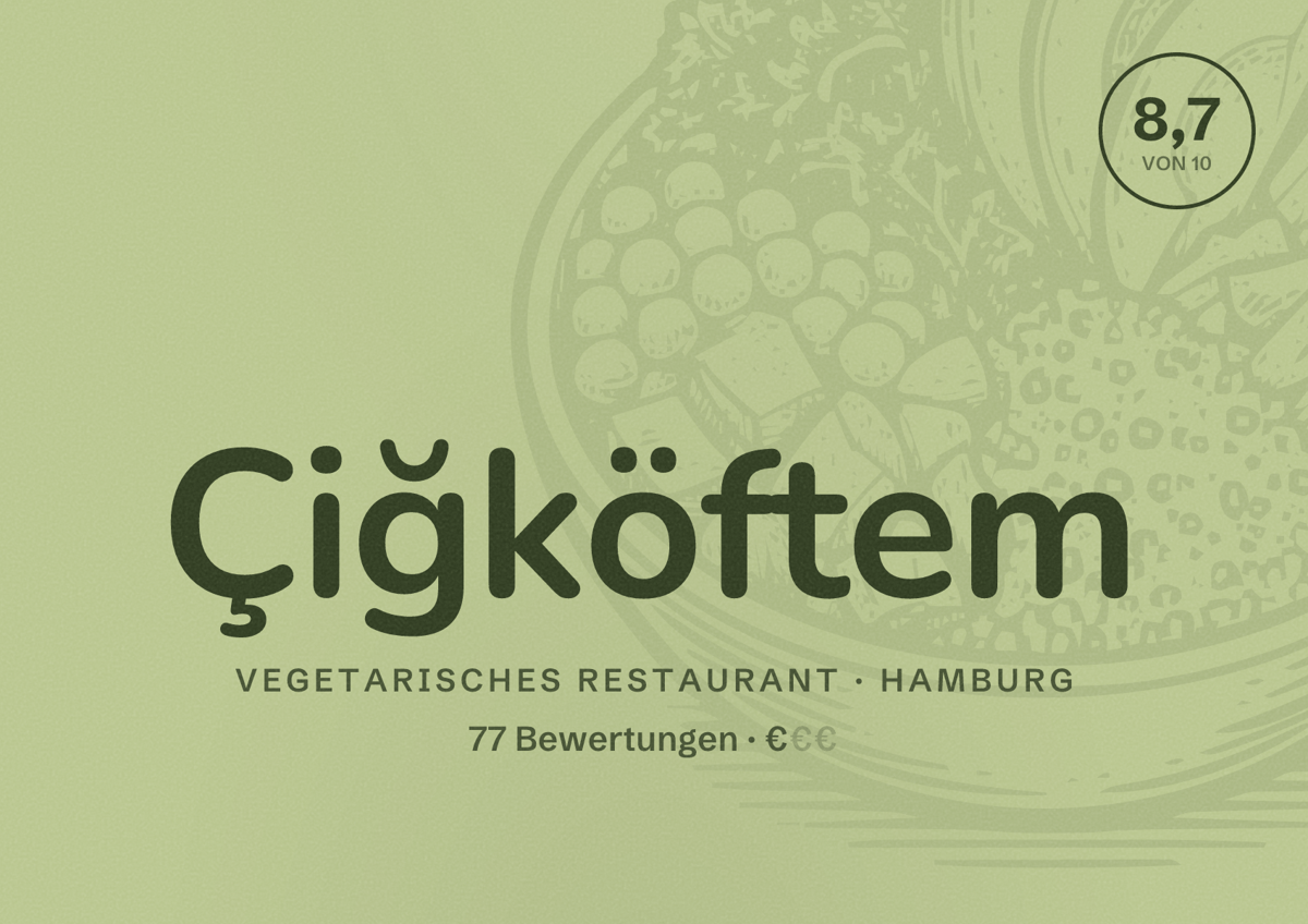 Illustriertes Poster von Çiğköftem, Vegetarisches Restaurant in Hamburg: Bewertung 8,7 von 10 aus 77 Bewertungen, Preisniveau €