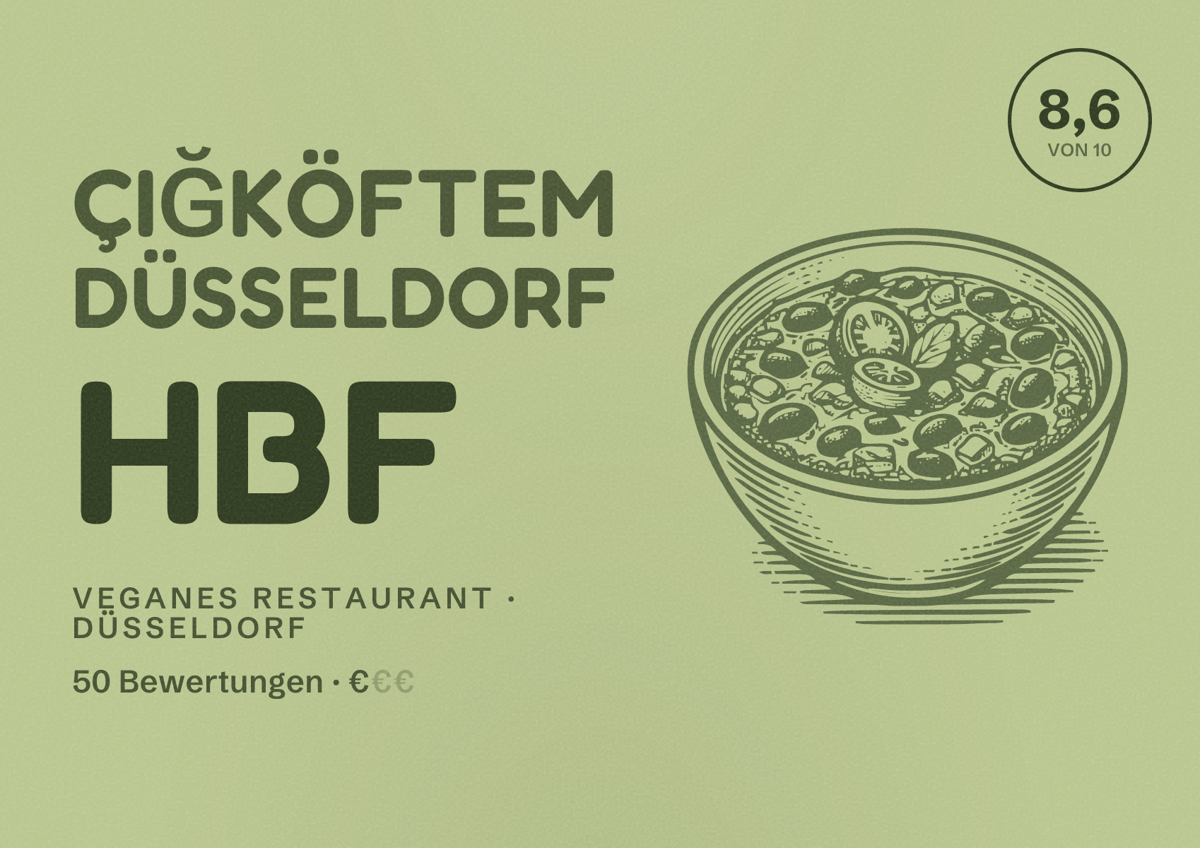 Illustriertes Poster von Çiğköftem Düsseldorf Hbf, Veganes Restaurant in Düsseldorf: Bewertung 8,6 von 10 aus 50 Bewertungen, Preisniveau €