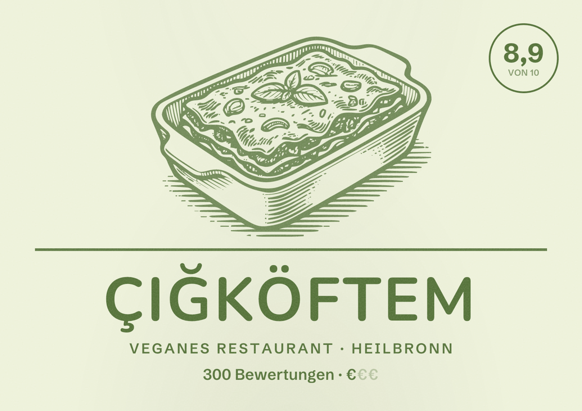 Illustriertes Poster von Çiğköftem, Veganes Restaurant in Heilbronn: Bewertung 8,9 von 10 aus 300 Bewertungen, Preisniveau €