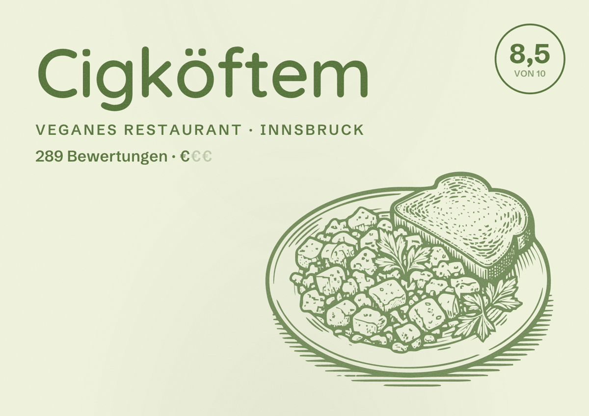 Illustriertes Poster von Cigköftem, Veganes Restaurant in Innsbruck: Bewertung 8,5 von 10 aus 289 Bewertungen, Preisniveau €