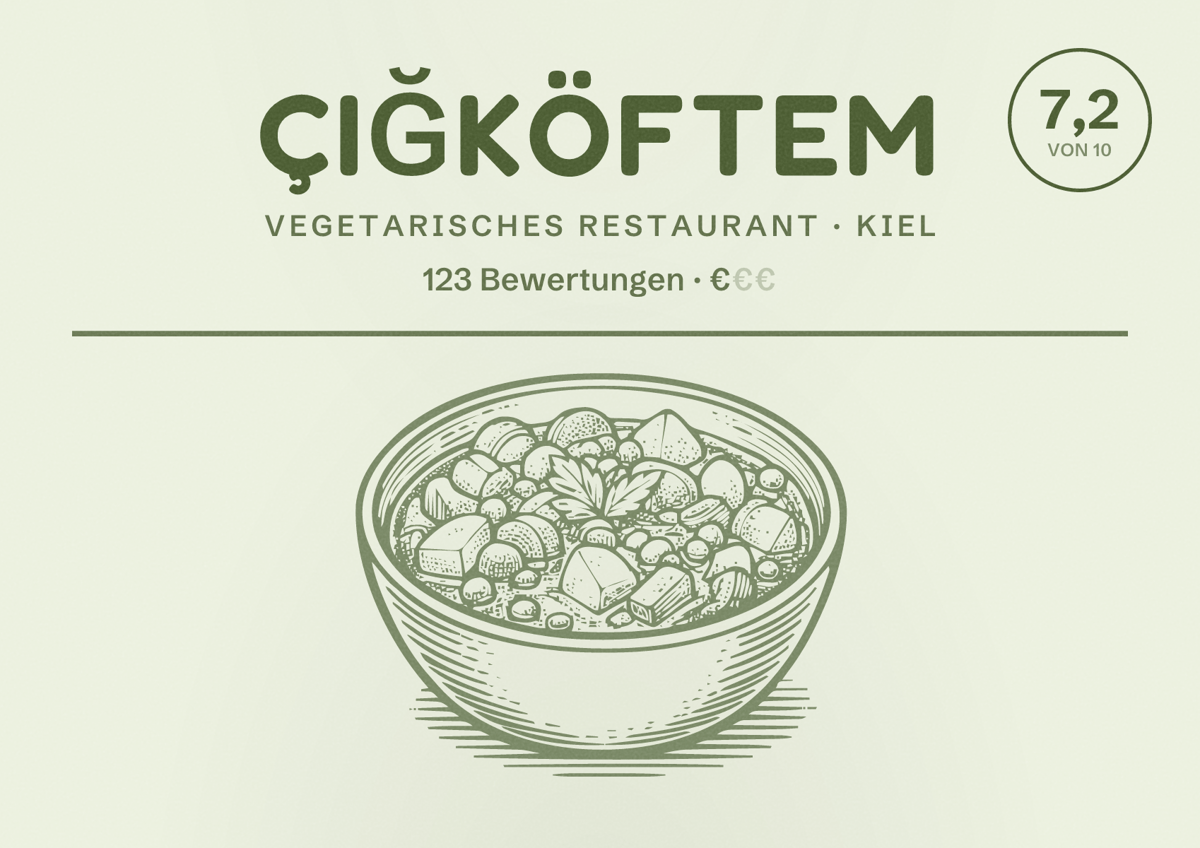 Illustriertes Poster von Çiğköftem, Vegetarisches Restaurant in Kiel: Bewertung 7,2 von 10 aus 123 Bewertungen, Preisniveau €