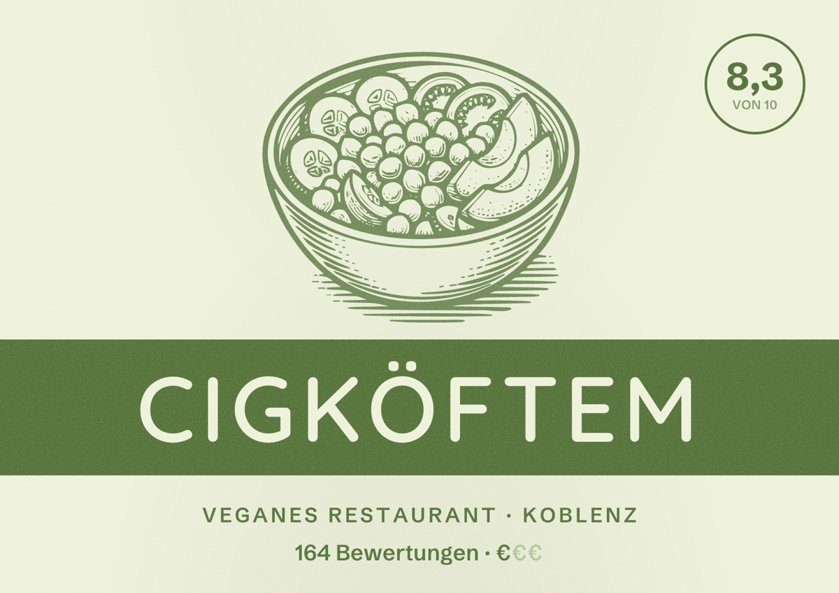Illustriertes Poster von Cigköftem, Veganes Restaurant in Koblenz: Bewertung 8,3 von 10 aus 164 Bewertungen, Preisniveau €