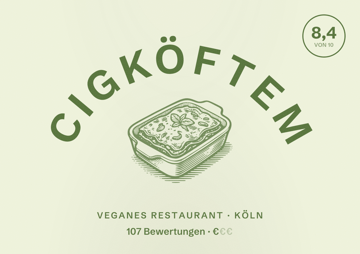 Illustriertes Poster von Cigköftem, Veganes Restaurant in Köln: Bewertung 8,4 von 10 aus 107 Bewertungen, Preisniveau €