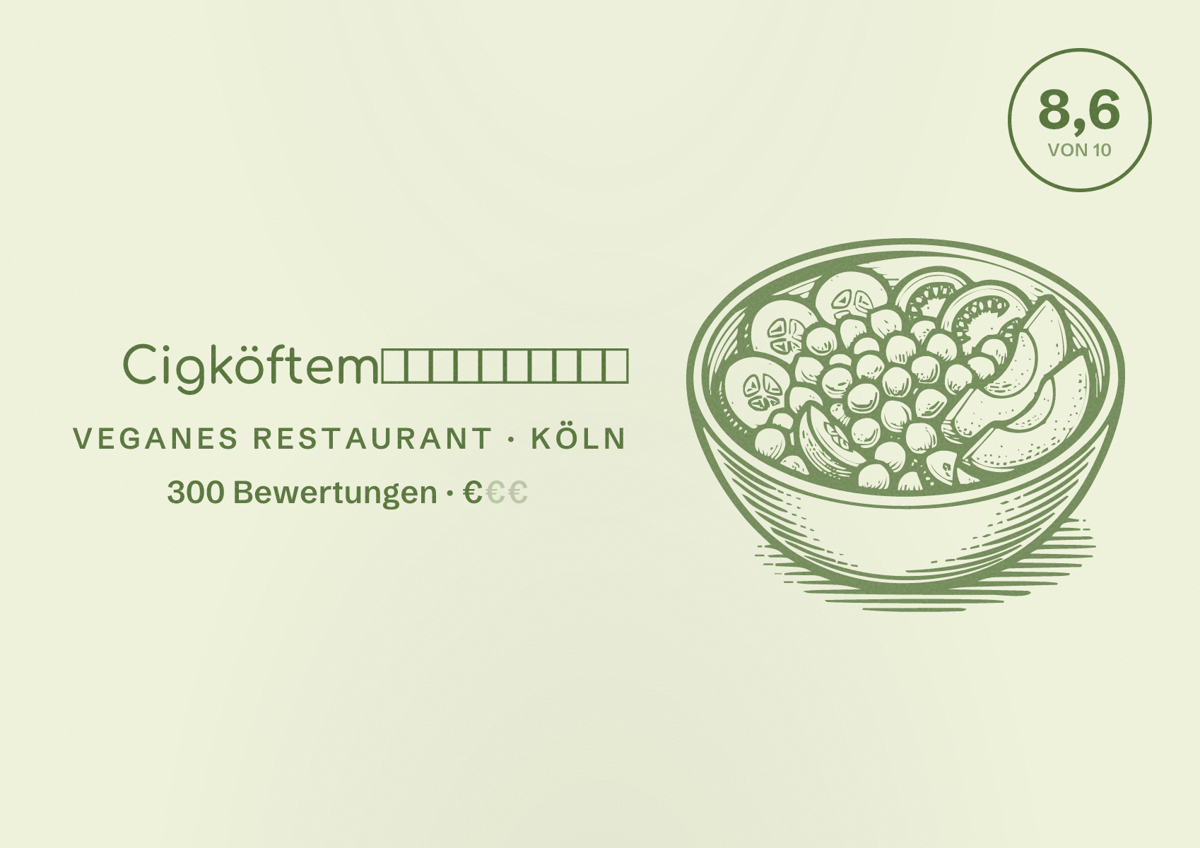 Illustriertes Poster von Cigköftem⭐️⭐️⭐️⭐️⭐️, Veganes Restaurant in Köln: Bewertung 8,6 von 10 aus 300 Bewertungen, Preisniveau €