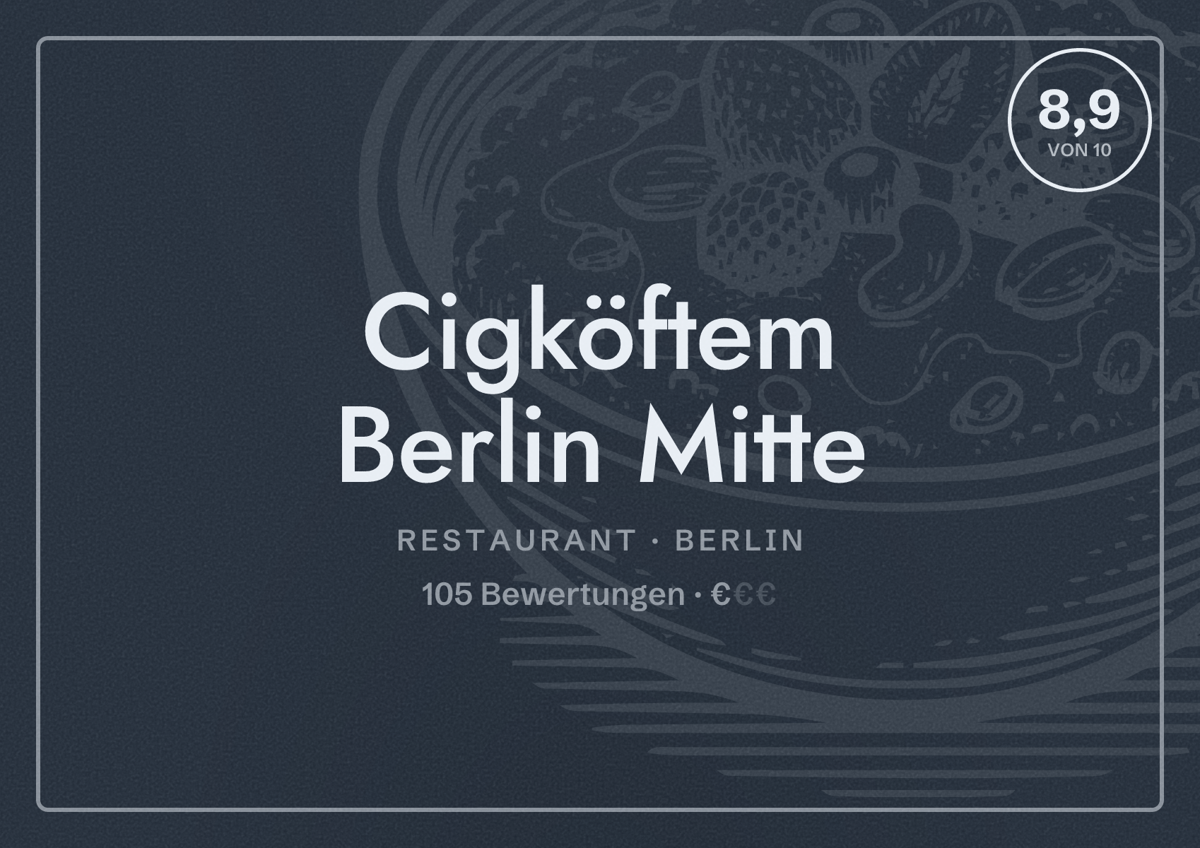 Illustriertes Poster von Cigköftem Berlin Mitte, Restaurant in Berlin: Bewertung 8,9 von 10 aus 105 Bewertungen, Preisniveau €