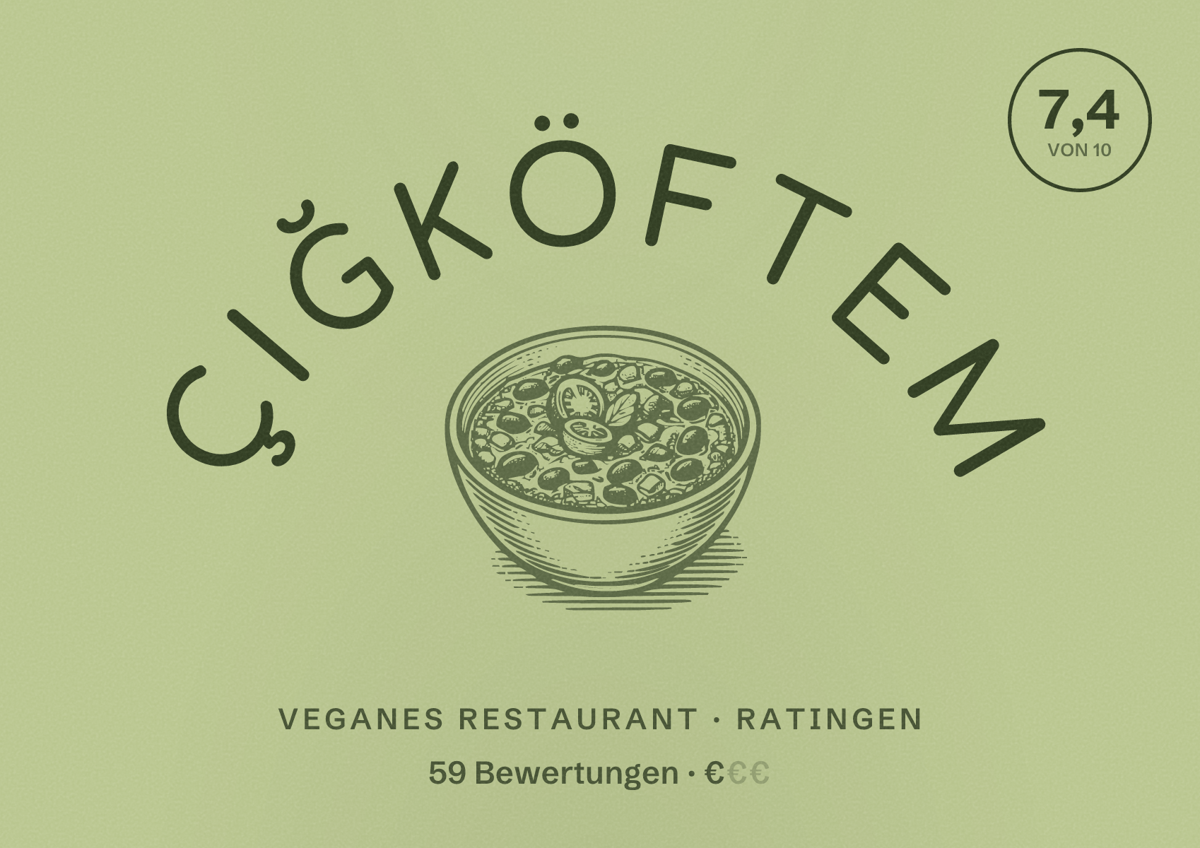 Illustriertes Poster von Çiğköftem, Veganes Restaurant in Ratingen: Bewertung 7,4 von 10 aus 59 Bewertungen, Preisniveau €