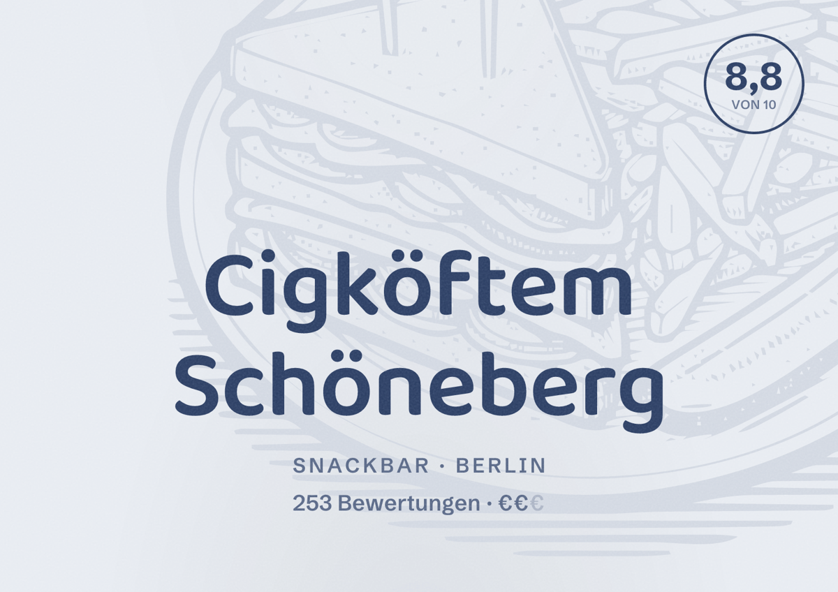 Illustriertes Poster von Cigköftem Schöneberg, Snackbar in Berlin: Bewertung 8,8 von 10 aus 253 Bewertungen, Preisniveau €€