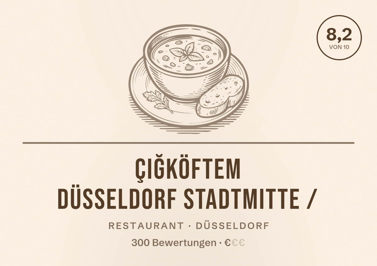Illustriertes Poster von Çiğköftem Düsseldorf Stadtmitte /, Restaurant in Düsseldorf: Bewertung 8,2 von 10 aus 300 Bewertungen, Preisniveau €
