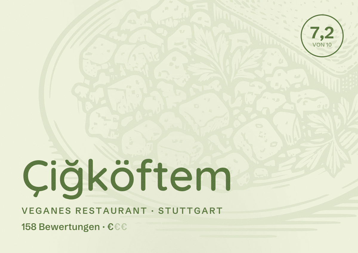 Illustriertes Poster von Çiğköftem, Veganes Restaurant in Stuttgart: Bewertung 7,2 von 10 aus 158 Bewertungen, Preisniveau €
