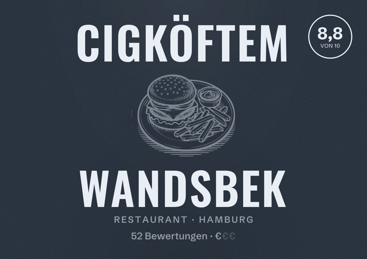 Illustriertes Poster von Cigköftem Wandsbek, Restaurant in Hamburg: Bewertung 8,8 von 10 aus 52 Bewertungen, Preisniveau €