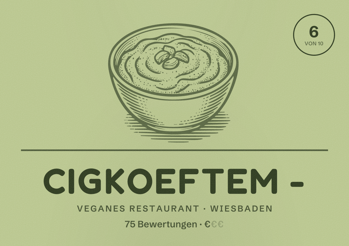 Illustriertes Poster von Cigkoeftem -, Veganes Restaurant in Wiesbaden: Bewertung 6,0 von 10 aus 75 Bewertungen, Preisniveau €