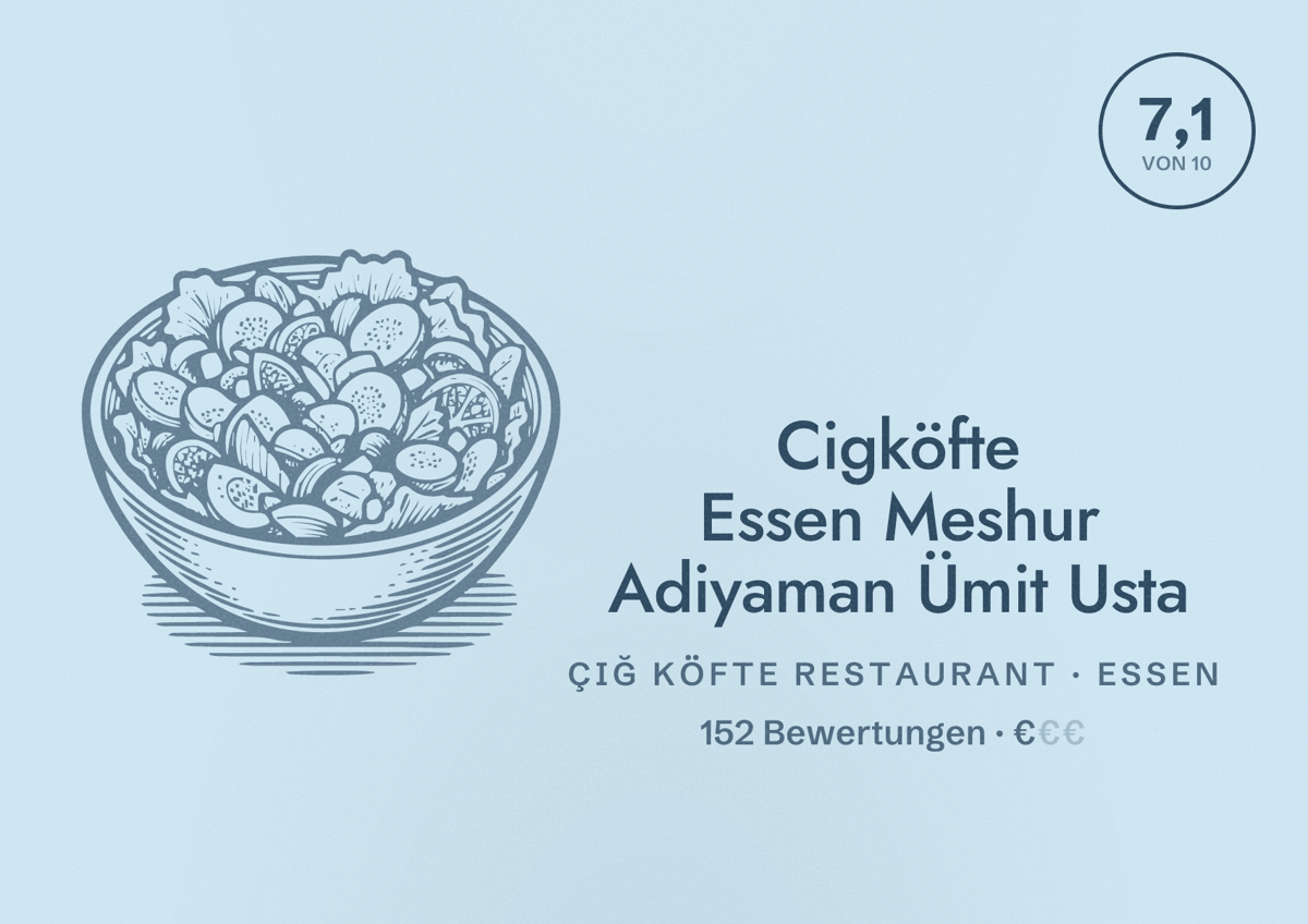 Illustriertes Poster von Cigköfte Essen Meshur Adiyaman Ümit Usta, Çiğ Köfte Restaurant in Essen: Bewertung 7,1 von 10 aus 152 Bewertungen, Preisniveau €