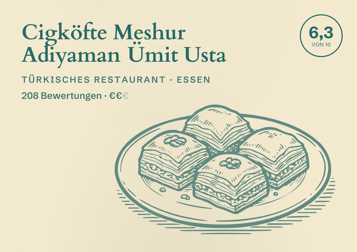 Illustriertes Poster von Cigköfte Meshur Adiyaman Ümit Usta, Türkisches Restaurant in Essen: Bewertung 6,3 von 10 aus 208 Bewertungen, Preisniveau €€