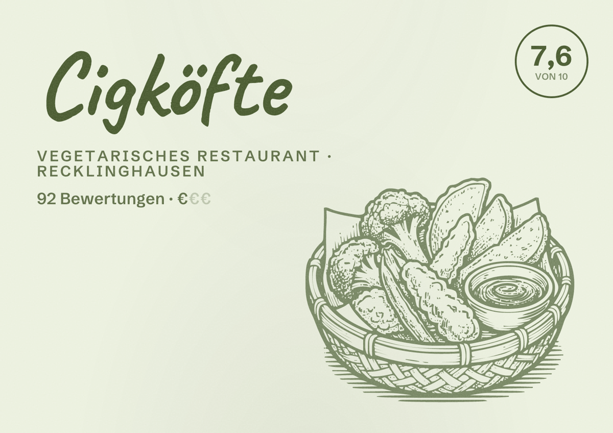 Illustriertes Poster von Cigköfte, Vegetarisches Restaurant in Recklinghausen: Bewertung 7,6 von 10 aus 92 Bewertungen, Preisniveau €