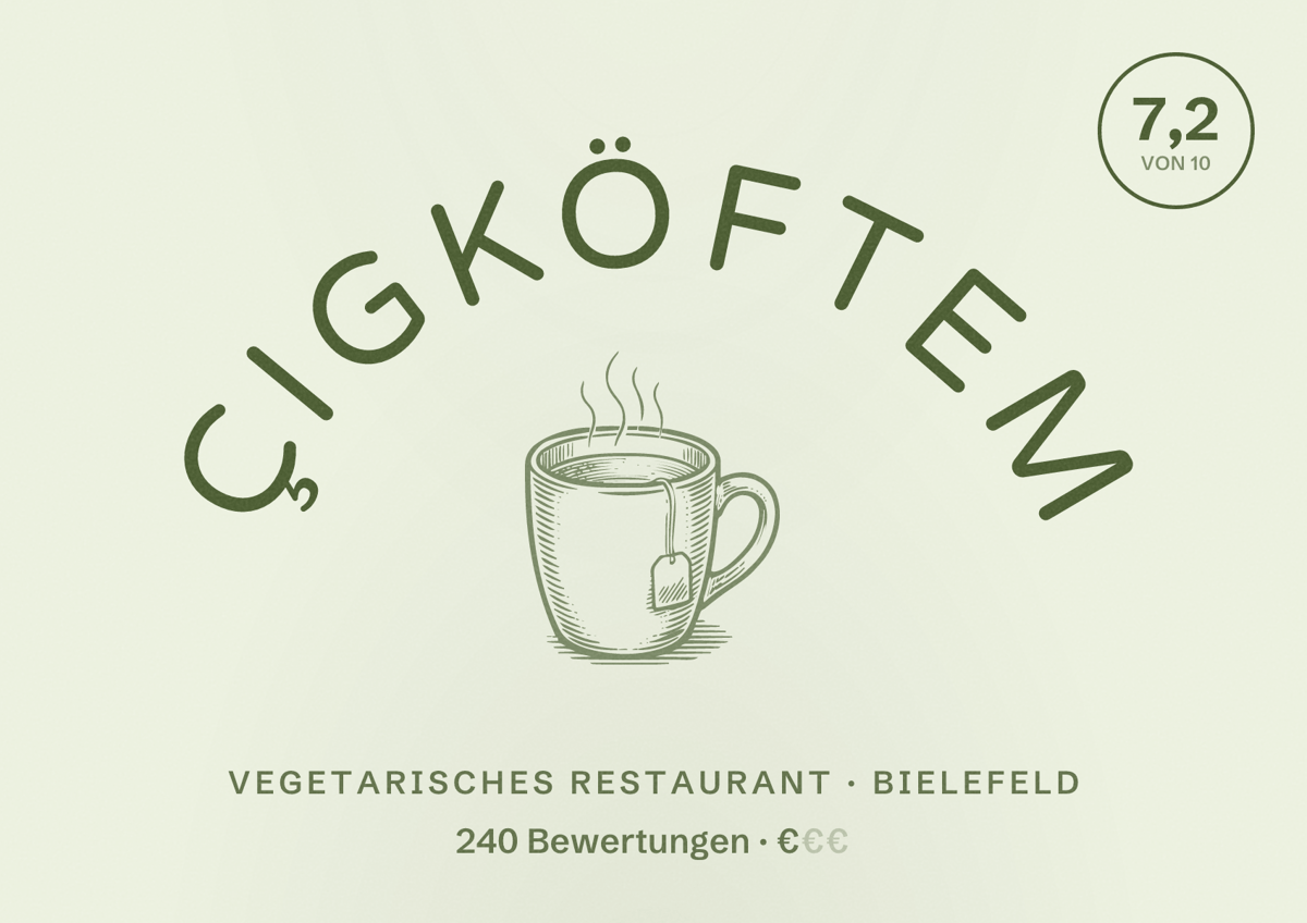 Illustriertes Poster von Çigköftem, Vegetarisches Restaurant in Bielefeld: Bewertung 7,2 von 10 aus 240 Bewertungen, Preisniveau €