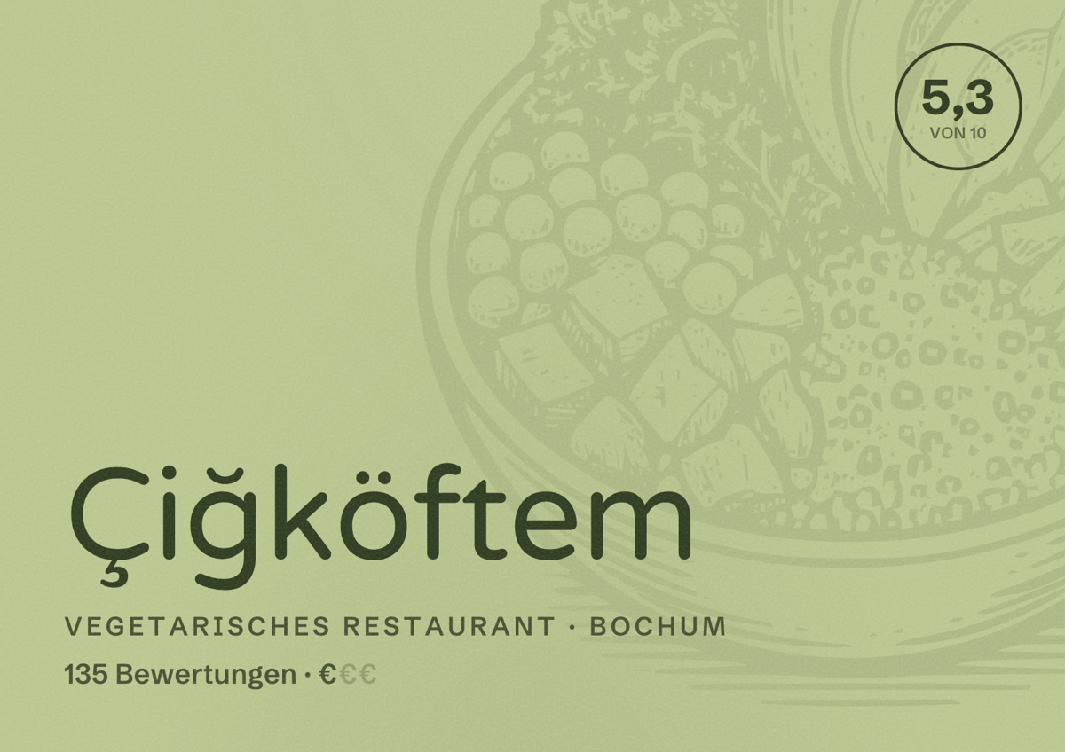 Illustriertes Poster von Çiğköftem, Vegetarisches Restaurant in Bochum: Bewertung 5,4 von 10 aus 135 Bewertungen, Preisniveau €